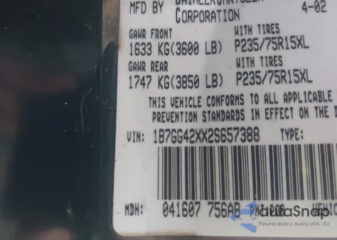 2002 Dodge Dakota Slt из США, поврежденный, VIN 1B7GG42XX2S657388